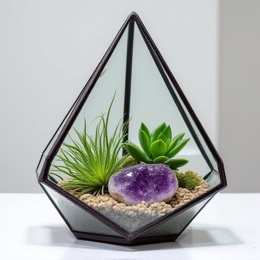 Un terrario geometrico con piante grasse e un'ametista.
